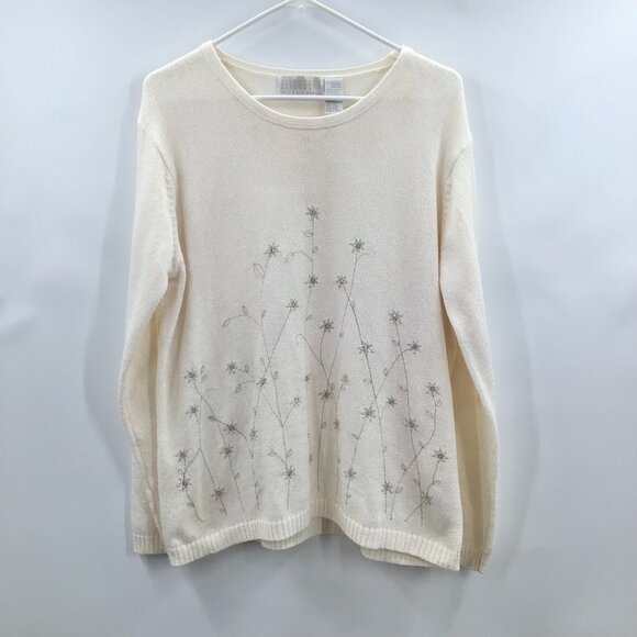 Liz Claiborne Sweaters - Vintage 1X Winter Flowers Sweater Embroidered Iridescent Sequin Ivory Gold L/S